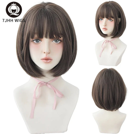 7JHH WIGS Black Short Bob Wig for Girl Daily Wear Synthetic Wig New Style Natural Supple Summer  Heatresistant Wig With Bangs