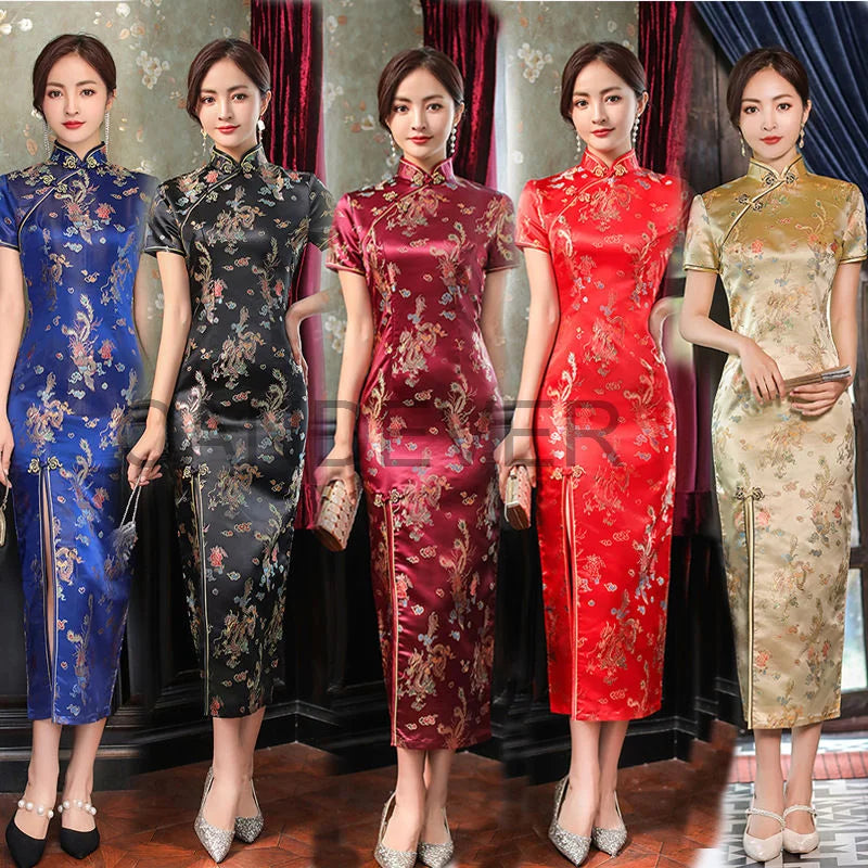 red Sexy Traditional Chinese Dragon Phoenix Qipao Dress Women Slim Split Long Cheongsam Plus Size Satin Vestidos Asian Clothing