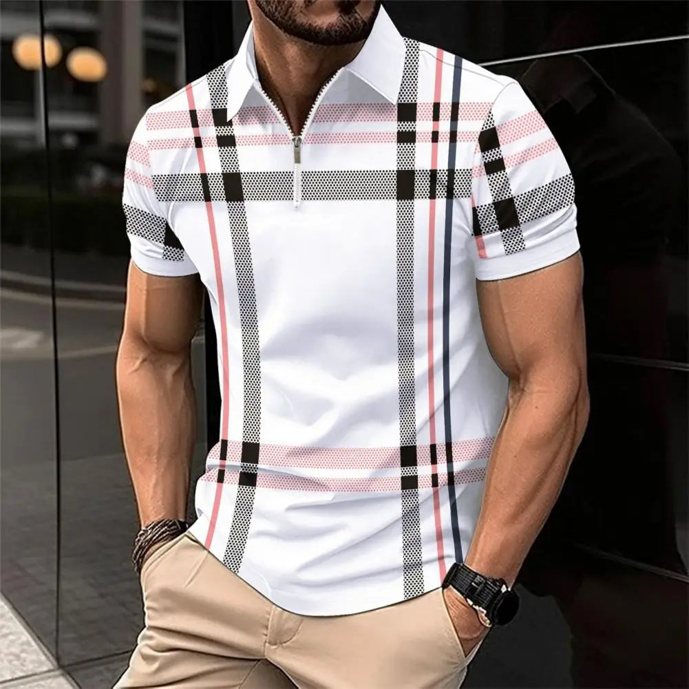 Men Business Shirt Stylish Men's Plaid Striped Shirt with Zipper Lapel Detail Slim Fit Short Sleeve Business Top for Summer Soft