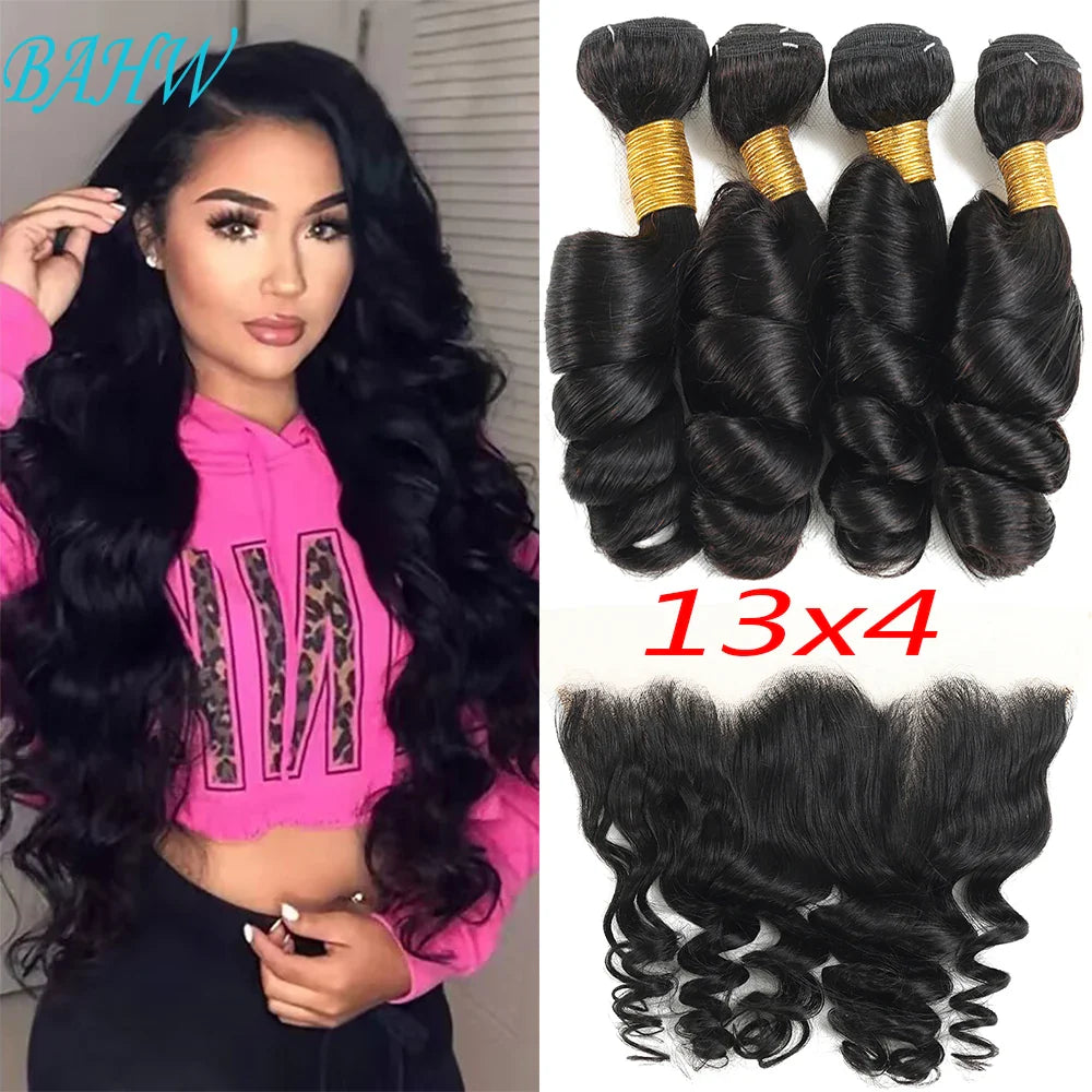 12A Peruvian Loose Wave Bundles With 13x4 Lace Frontal Virgin Human Hair Bundles With Lace Frontal Natural Color Hair Extensions