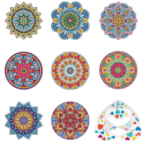 8Pcs DIY Diamonds Painting Coaster Animal Flower Non-slip Anime Art Mosaic Cup Cushion with Rack Rhinestones Paintings Decor