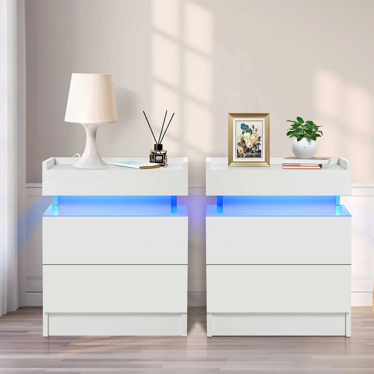 White LED Nightstand LED Bedside Table with High Gloss Drawers Modern Matte Led Night Stand with Border Table for Bedroom US