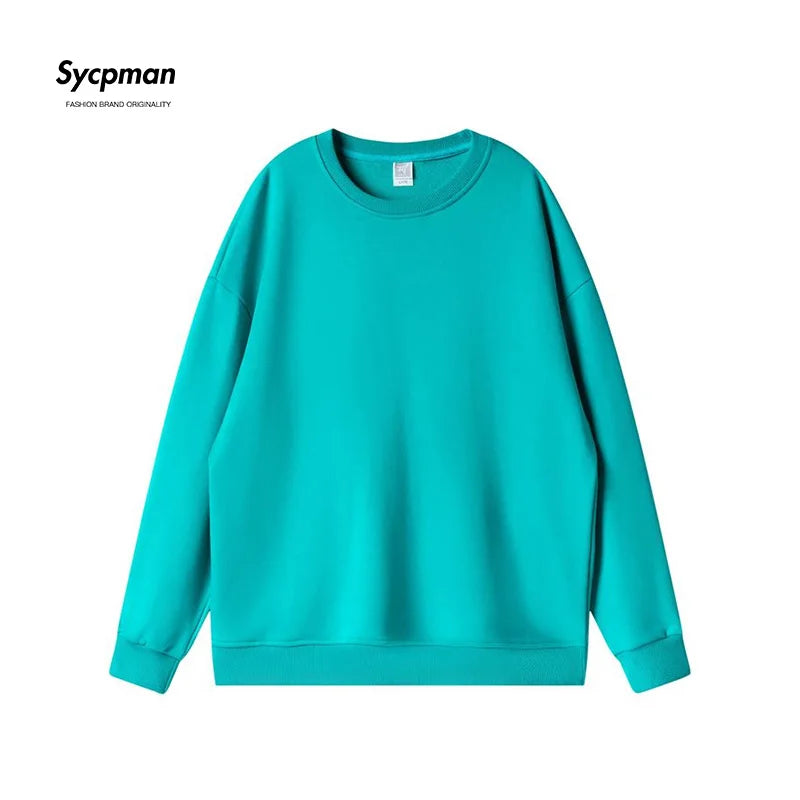 10.6oz 300gsm Cotton Pullover Sweater Men Solid Color Long Sleeve Round Neck Hoodless T-shirt Spring Autumn Coat Women