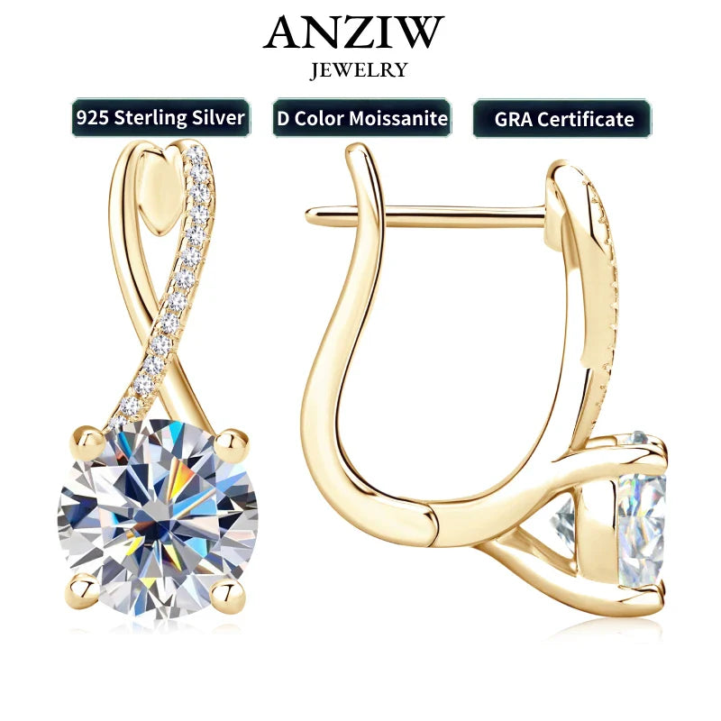 Anziw D2.0CT Moissanite Drop Huggie Earrings Real 925 Silver Women Gold Plated Hoops Infinite Earring Certified Wedding Jewelry