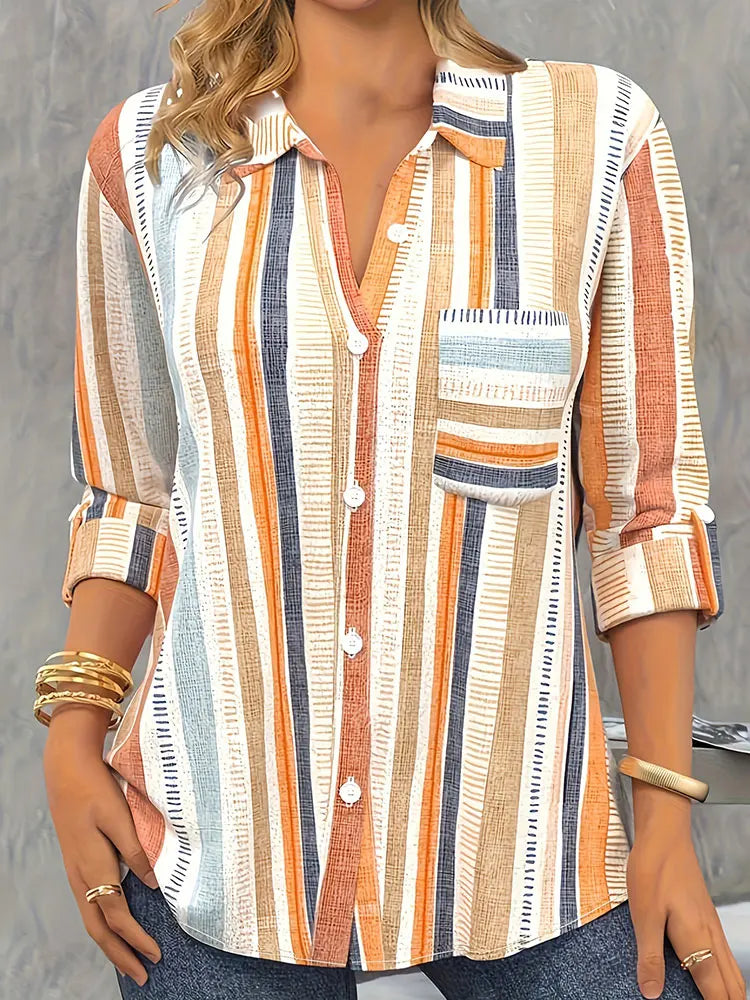 Plus Size Casual Blouse, Women's Plus Stripe Print Button Up Long Sleeve Turn Down Collar Shirt