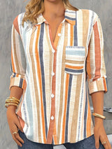 Plus Size Casual Blouse, Women's Plus Stripe Print Button Up Long Sleeve Turn Down Collar Shirt