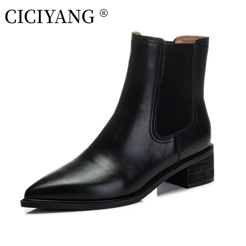 CICIYANG Pointed Chelsea Boots Women Genuine Leather Chimney Boots 2024 Spring New Thick Heel Fur Casual Black Ankle Boot Ladies