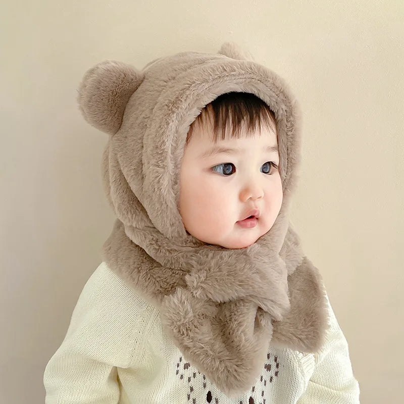 Winter Baby Hat One-Piece Faux Fur Kids Hat Hooded Scarf Bear Ears Warm Neck Ear Cap for Girls Boys Windproof Beanies Infant Cap