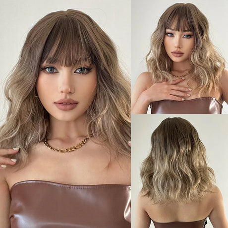 ESIN Synthetic Black Brown Medium Long Loose Body Wave Wig with Bangs Cosplay Daily Natural Wigs for Women Heat-resistant Hair