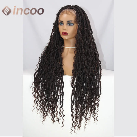 32 inch Butterfly Loc Dark Ginger Full Lace Front Braided Wig Water Wave Curly Wigs Distressed Knotless Box Braids Cornrow Wig