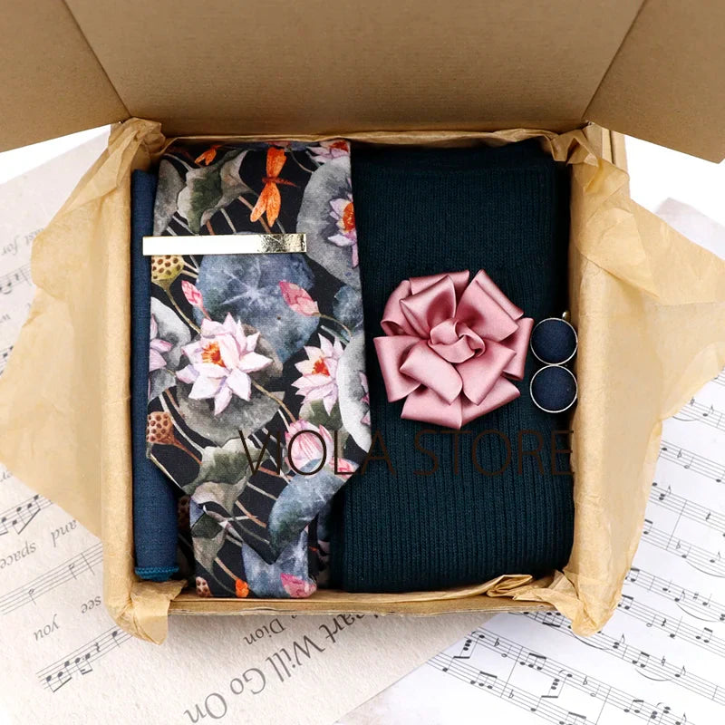 Viola Design 6PCS Gift Box Floral Solid Cotton Sock Tie Sets Clip Pin Cufflinks Hankie Men Wedding Party Daily Cravat Accessory