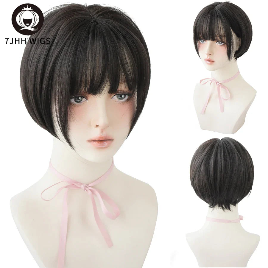 7JHH WIGS Black Short Bob Wig for Girl Daily Wear Synthetic Wig New Style Natural Supple Summer  Heatresistant Wig With Bangs