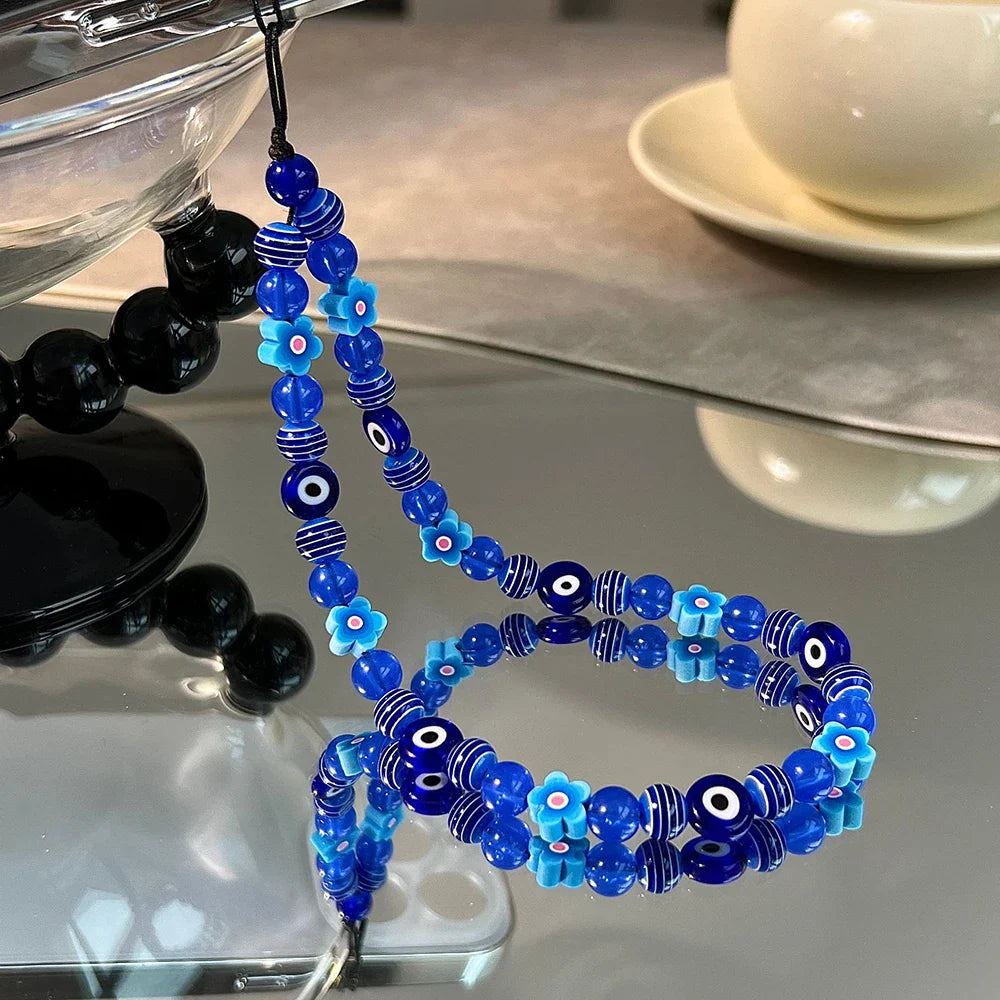 Fashion Blue Flower and Eye of Evil Beaded Mobile Phone Chain Strap Charm Women Phone Jewelry Accessories Telephone Decoration