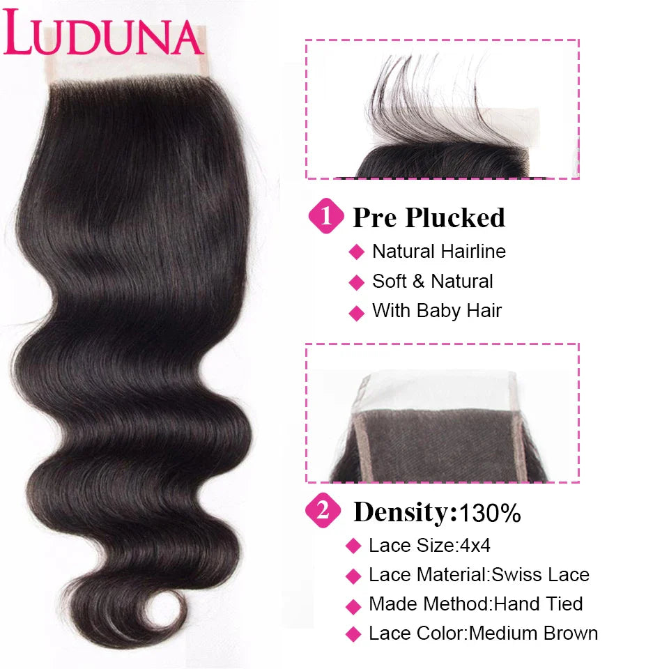 Ludana Body Wave Bundles With Closure Brazilian Bundles Human Hair With Closure  3/4Pcs Human Hair Bundles With 4x4 Lace Closure