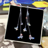 Korean Fashion Zircon Butterfly Tassel Earrings Trendy Crystal Silver Color Rhinestone Pendant Earrings Party Jewelry