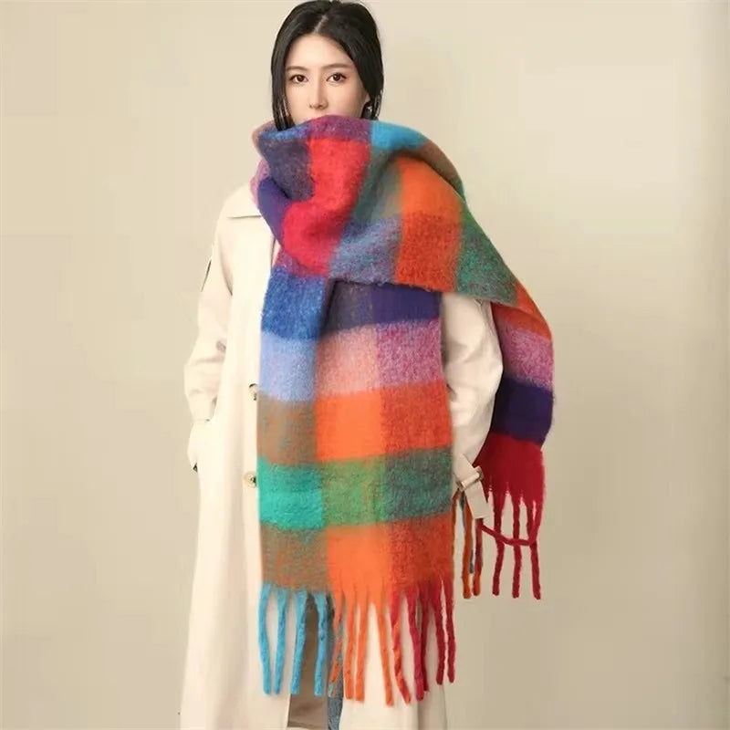 Winter Women Plaid Scarf Winter AC Pamanhmina Shawls Cashmere Thick Wraps Lady Tassel Warm Scarves Rainbow Hairy Bufanda Man