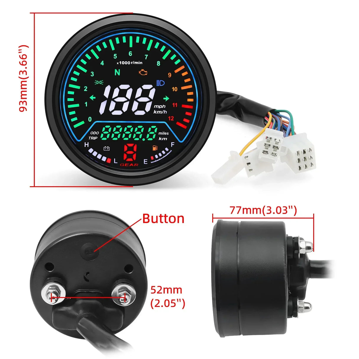 MH 12V Motorcycle Speedometer Instruments Odometer Tachometer Indicator Led Round 12000rpm For Harley Honda Yamaha Suzuki Racer