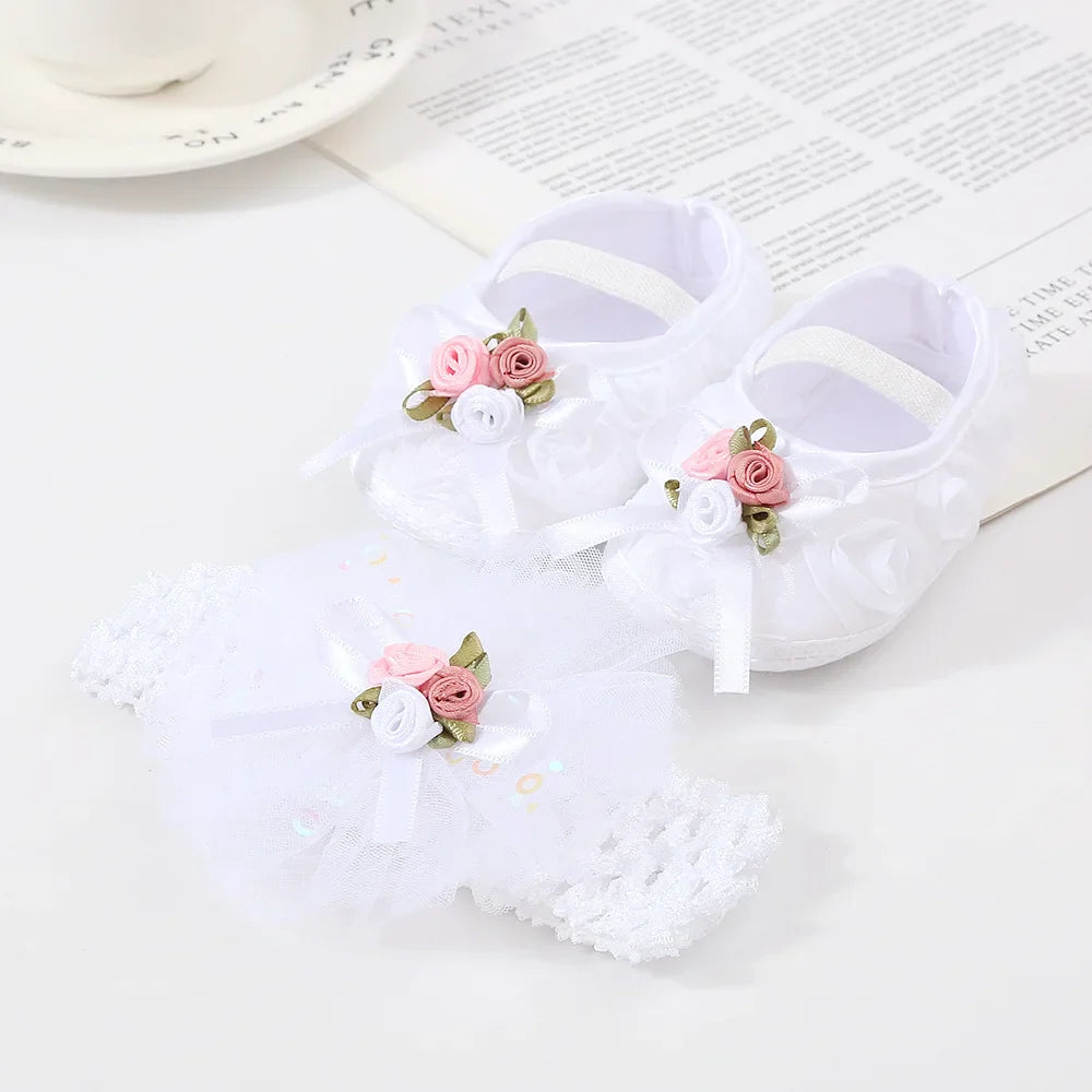 0~18M Cute Bowknot Newborn Baby Shoes Headband Set Anti Slip Toddler Infant First Walker Baby Girls Newborn Soft Sole Pink Shoes