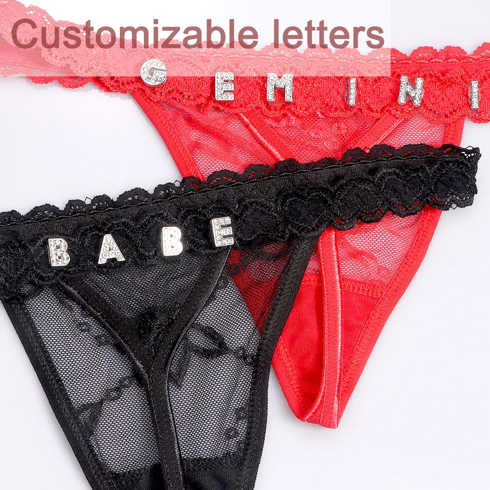 2PCS/set Mesh Lace Thong Panties With Customize Crystal Letters DIY Name Waist Chain Bikini Underwear Body Jewelry Couple Gifts