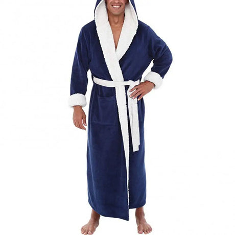 Men Soft Coral Fleece Color Block Pockets Long Bath Robe Home Gown Sleepwear