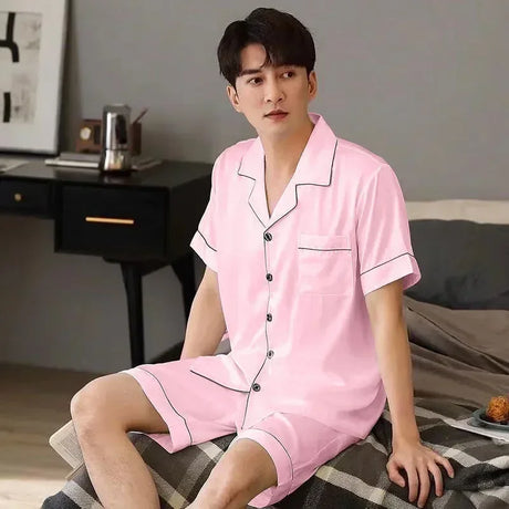 Satin Sleepwear Clothes Solid Ice Color Sleeve 2pcs Short Men Thin Sets Summer Silk Pajama Home Male Casual Suit Shirt+shorts