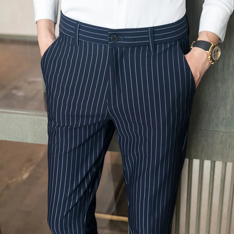 Spring Summer New Fashion Striped Casual Pants Men's Casual Simple Ankle Length Formal Slim Suit Pants Business Office Trousers