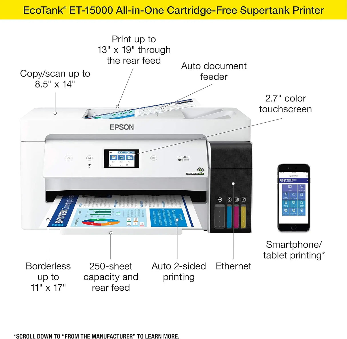 EcoTank ET-15000 Wireless Color All-in-One Supertank Printer with Scanner, Ethernet and Printing up to 13 x 19 Inches, White