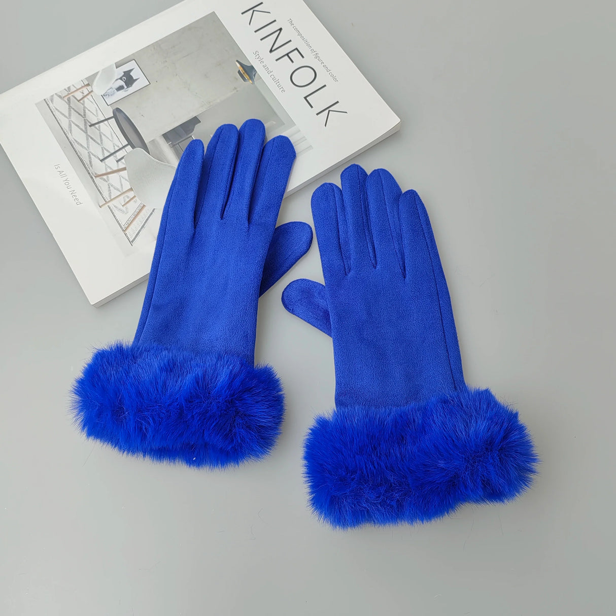 Female Faux Rabit Fur Suede Leather Touch Screen Driving Glove Winter Warm Plush Thick Embroidery Full Finger Cycling Mitten H92