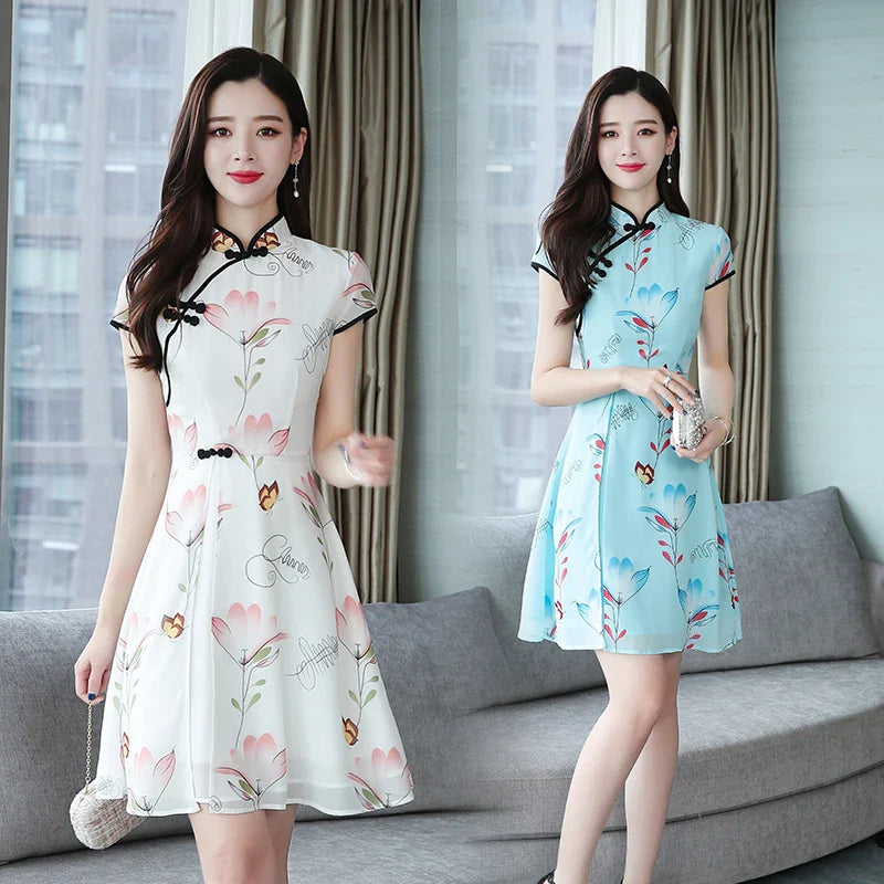 2023 Summer New Modern Improved Cheongsam Chiffon Printing Vintage Traditional Chinese Style Slim Qipao Dress