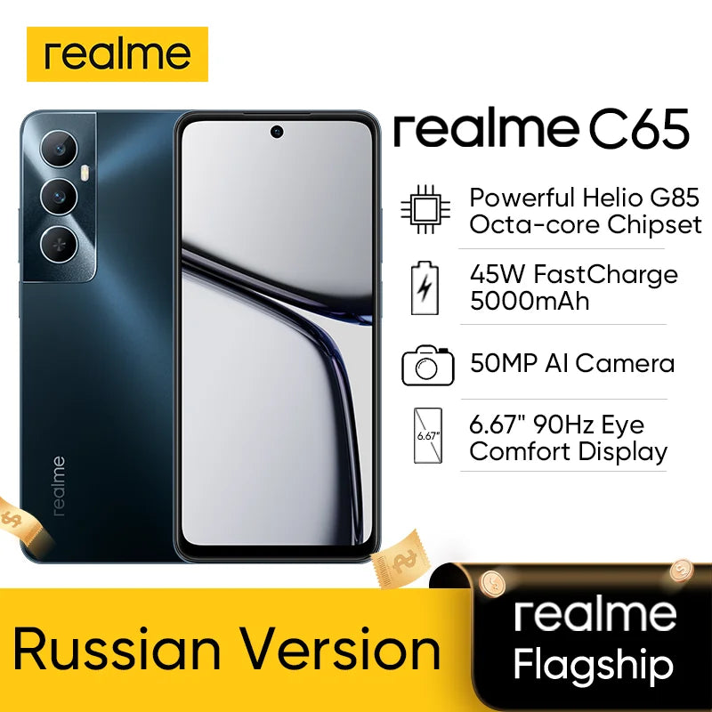 Russian Version realme C65 Smartphone Helio G85 Octa-Core 50MP AI Camera 6.67" 90Hz 45W SUPERVOOC Charge 5000mAh Battery NFC