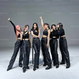 Kpop Girl Group Street Dance Slim T-shirts Crop Tops Leather Pants Stage Costume Women Festival Rave Wear Sexy Concert Outfits