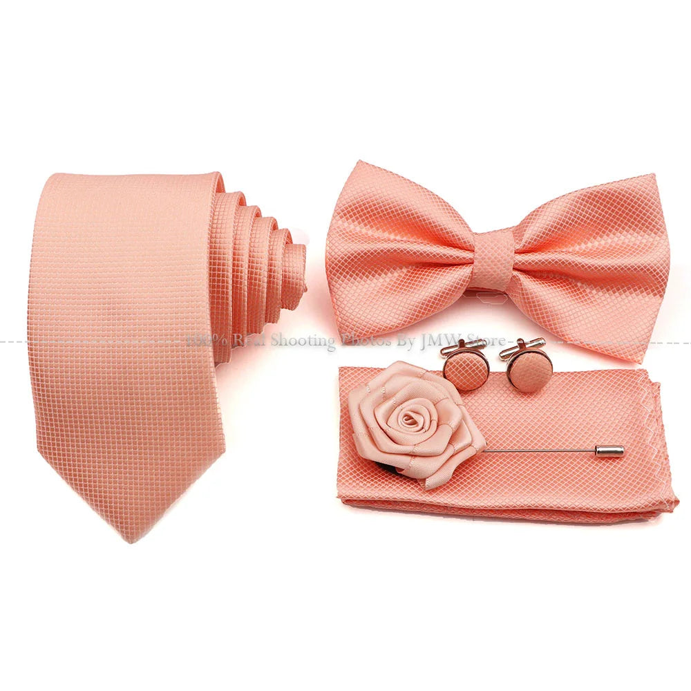 5 Pcs Slim Plaid Tie Set Polyester Pink Blue Necktie Bowtie Cufflink Brooch For Groom Suit Wedding Cravat Shirt Accessory Gift