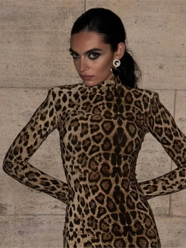 Sexy Leopard Print Dress Women Long Sleeve Turtleneck Slim Midi Female Dresses 2024 Spring Summer Fashion Bodycon Vestidos