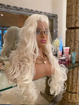 MXWIGS Body Wave Platinum Blonde Synthetic Lace Front Wigs with Free Part Natural Hairline Long Wavy Wigs Daily Cosplay  Wigs