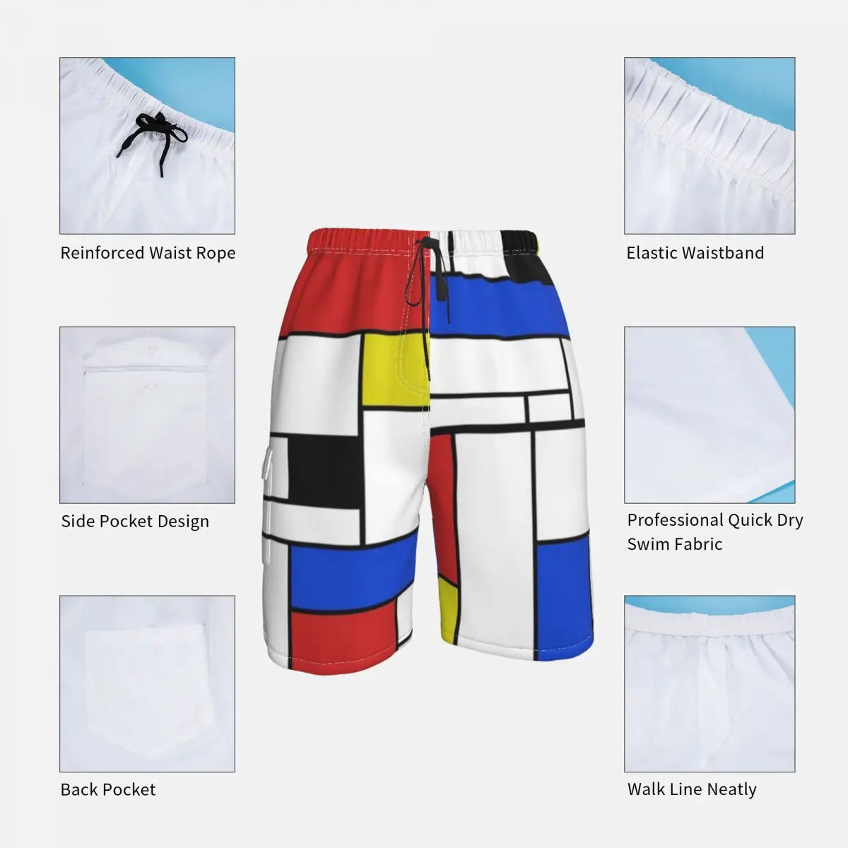 Mondrian Line Board Shorts Colorful Plaid Board Short Pants Hot Men Comfortable Print Swim Trunks Big Size