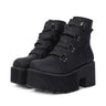 Gdgydh Women's Black Platform Boots Comfy Round Toe Buckle Strap Solid Color Chunky Heels Mid Calf Boots Gothic Style