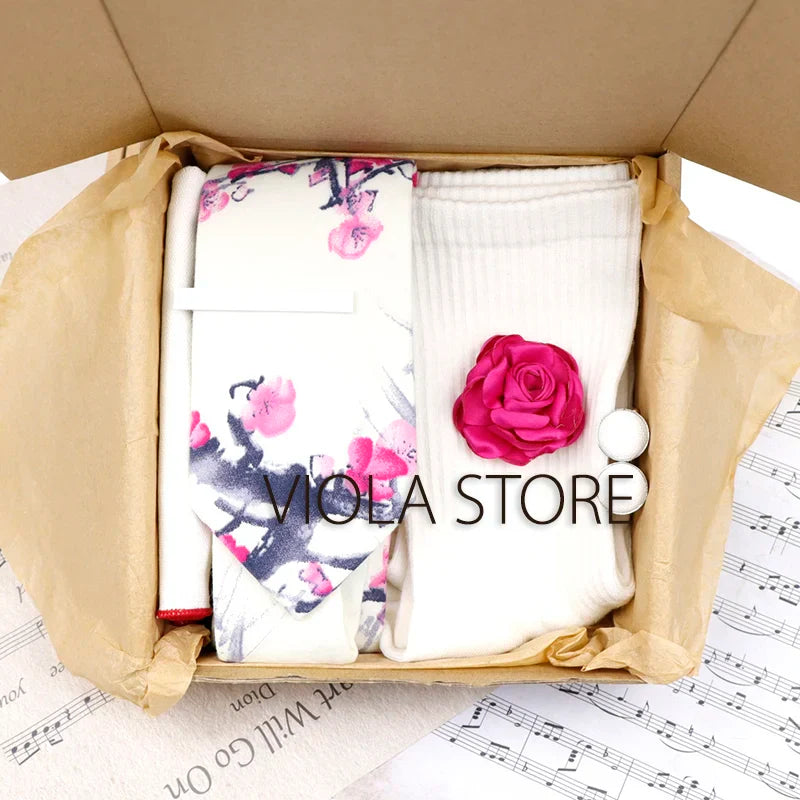 Viola Design 6PCS Gift Box Floral Solid Cotton Sock Tie Sets Clip Pin Cufflinks Hankie Men Wedding Party Daily Cravat Accessory