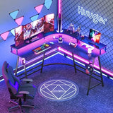 L Shaped Desk Gaming Desk with LED Lights & Power Outlets, Computer Desk with Monitor Shelves, Home Office Desk Corner Desk