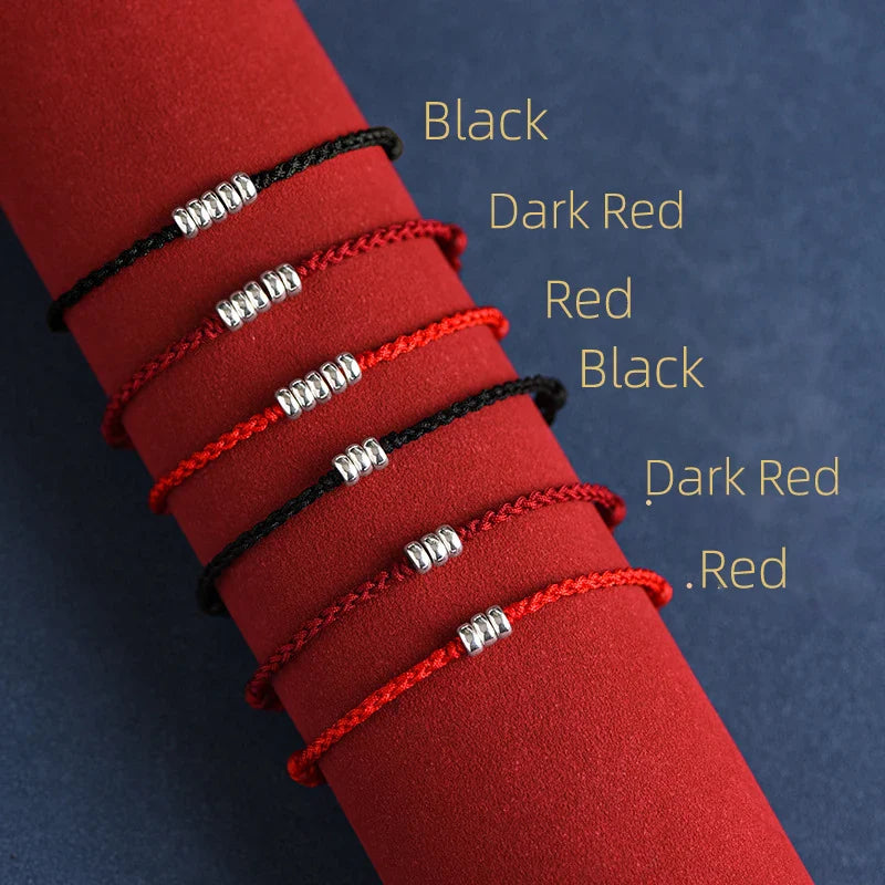 Fit 13-18cm 925 Silver Rope Bracelets Women Round Circle Beads Red Thread Line String Bracelets For Women Girls Men