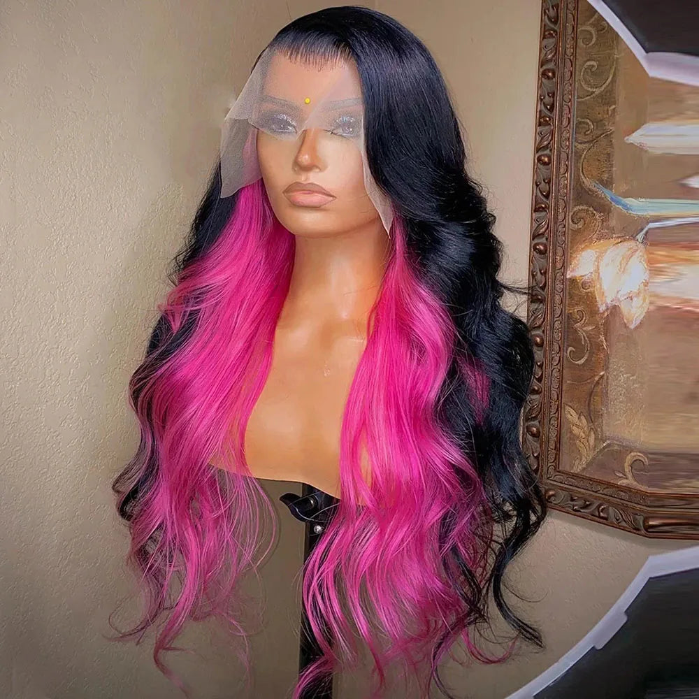 RONGDUOYI Black Pink Two Tones Body Wave Synthetic Lace Front Wig Long Wavy Hair Heat Friendly Fiber Women Wigs Daily Cosplay