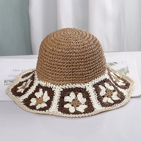 Colorful Crochet Straw Bucket Hat Handmade Knitted Flowers Beach Fisherman Hat for Women Sunshade Cap Vintage Accessories