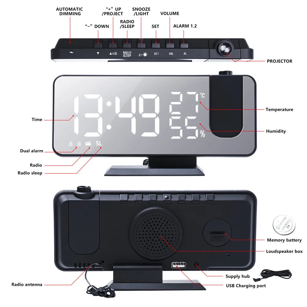 FM Radio Digital Alarm Clock Temp Humidity with 180°  Time Projector Electronic Table Clock 12/24H Snooze Projection LED Clock