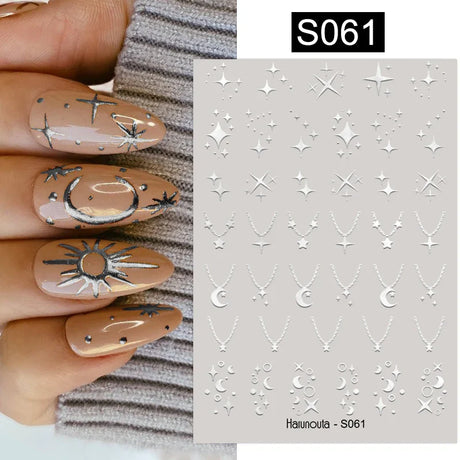 3D Silver Frame Nail Sticker Silver Bronzing Stripe Lines Sliders For Nails Tribal Pattern Decals Marble Blooming Nail Tattoos