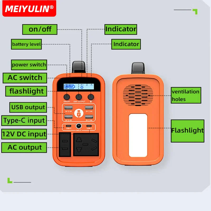 160Wh Portable Power Station 200W Emergency Outdoor External Spare Battery 220V LiFePO4 Solar Generator Power Supply Camping