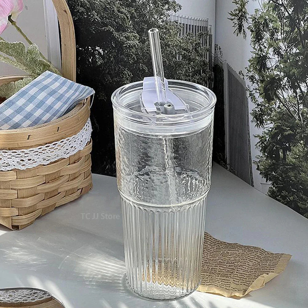 600ml Stripe Glass Cup Transparent Glasses With Lid and Straw Drinking Glasses Coffee Mug Juice Milk Tea Water Cups Drinkware