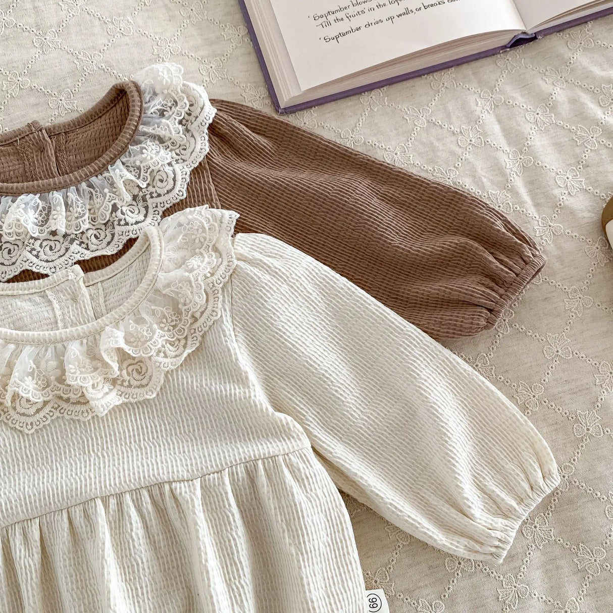 2PCS Spring Lace Collar Waffle Infant Baby Girl Bodysuit With Headband One Piece Romper for Newborns Cute Princess Set Clothing