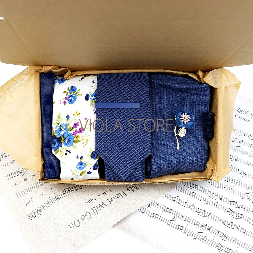 Viola Design Gift Box Hot Solid Floral Cotton Sock Necktie Set Clip Cufflinks Pin Hanky Men Wedding Party Daily Cravat Accessory