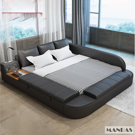 Linlamlim Multifunctional Genuine Leather Parent-child Bed with Bluetooth Audio and Lamp / Tech Smart Beds Tatami Ultimate Camas