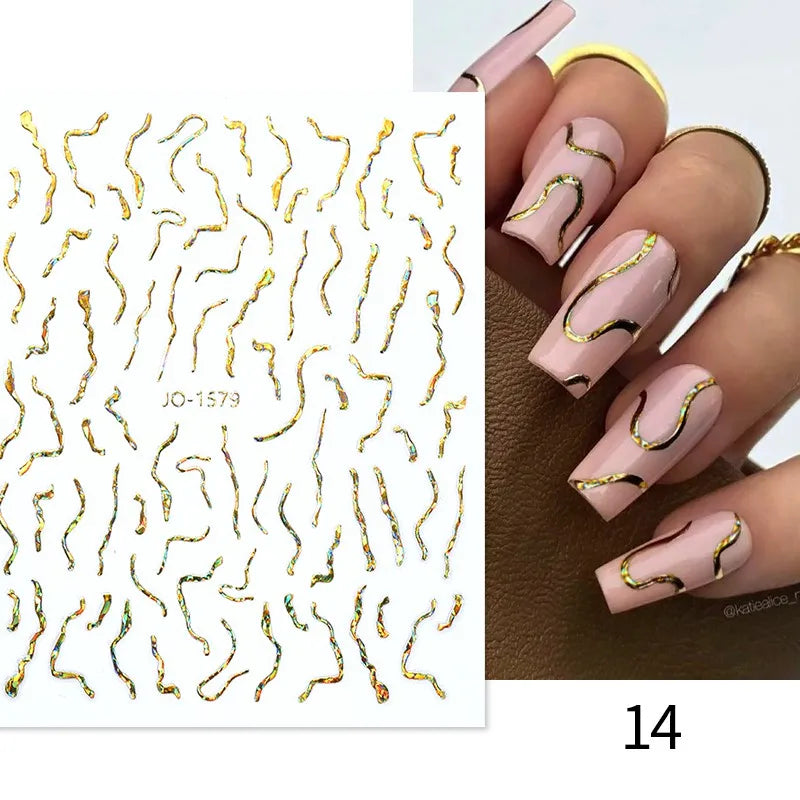 3D Silver Frame Nail Sticker Silver Bronzing Stripe Lines Sliders For Nails Tribal Pattern Decals Marble Blooming Nail Tattoos