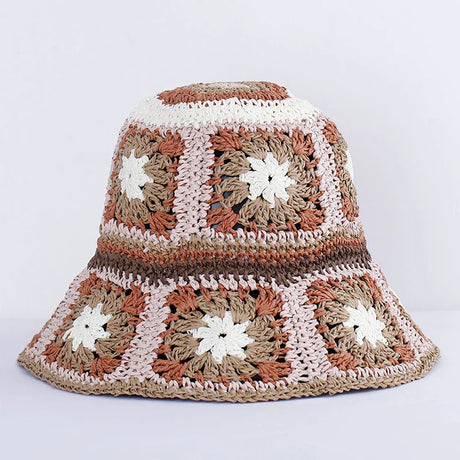 Colorful Crochet Straw Bucket Hat Handmade Knitted Flowers Beach Fisherman Hat for Women Sunshade Cap Vintage Accessories